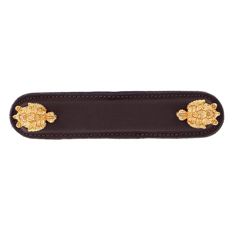 Vicenza Hardware Leather Collection 4" (102mm) Tartaruga Pull in Brown Leather in Polished Gold