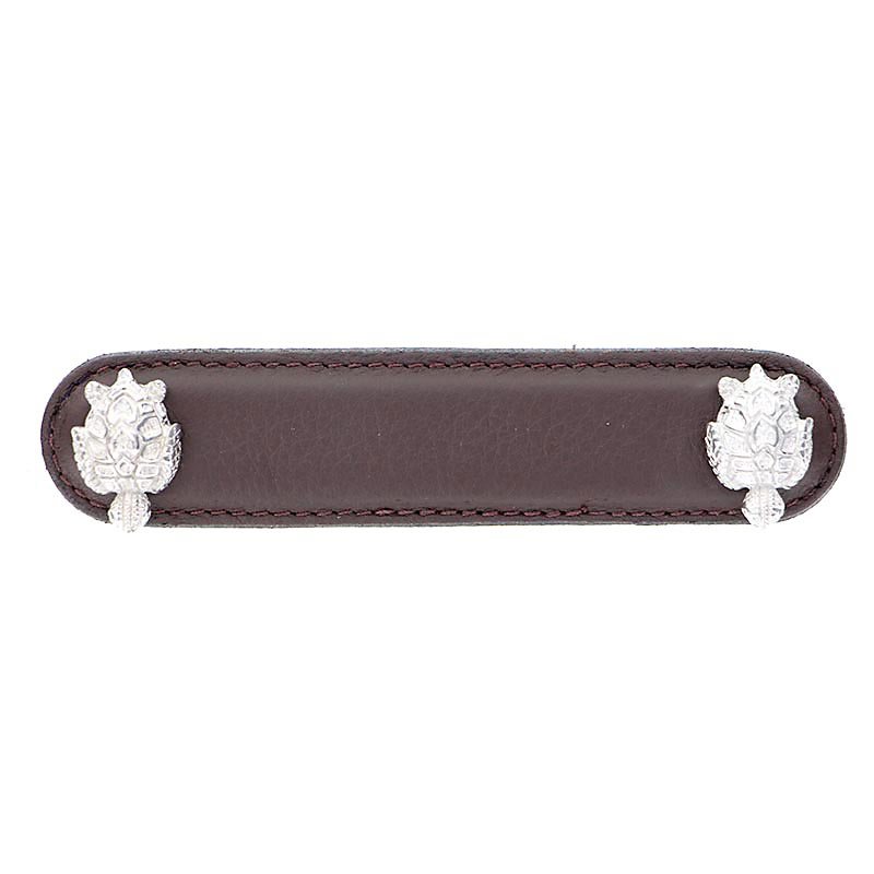 Vicenza Hardware Leather Collection 4" (102mm) Tartaruga Pull in Brown Leather in Polished Nickel