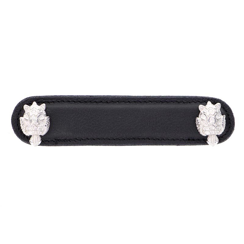 Vicenza Hardware Leather Collection 4" (102mm) Tartaruga Pull in Black Leather in Polished Silver