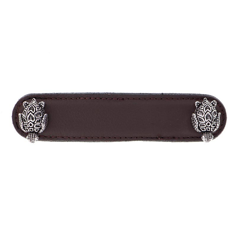 Vicenza Hardware Leather Collection 4" (102mm) Tartaruga Pull in Brown Leather in Vintage Pewter