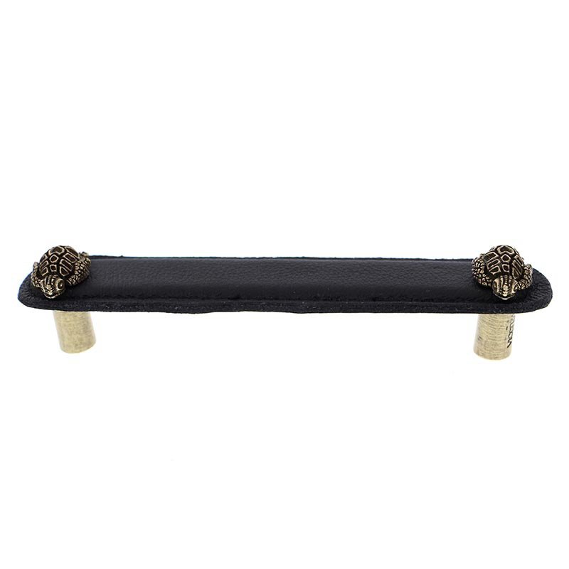 Vicenza Hardware Leather Collection 5" (128mm) Tartaruga Pull in Black Leather in Antique Brass