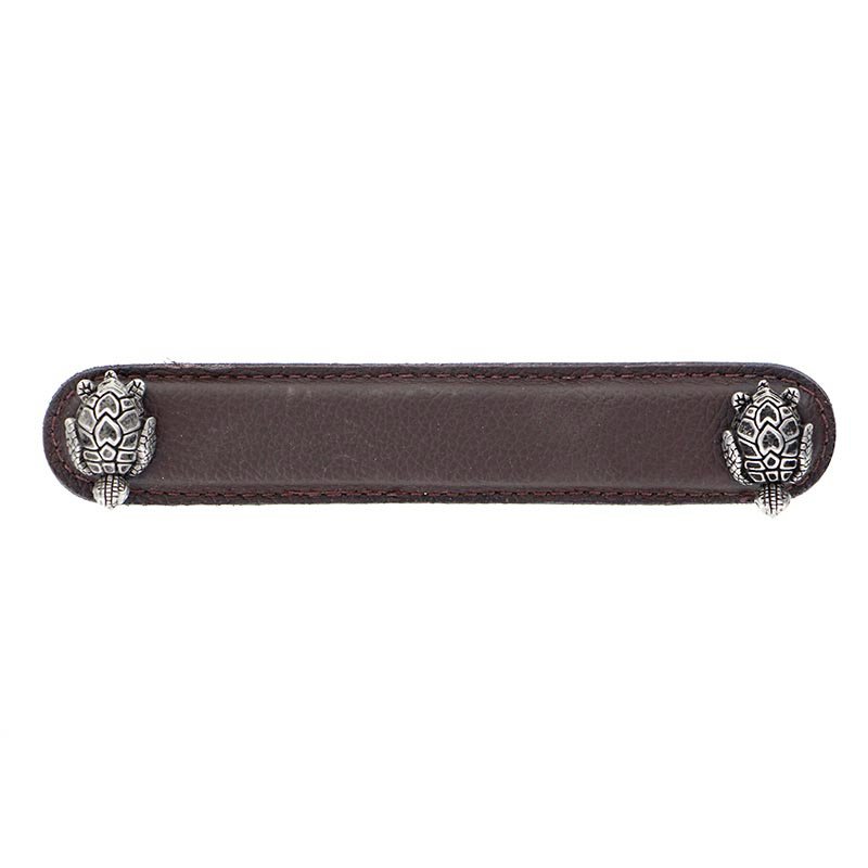 Vicenza Hardware Leather Collection 5" (128mm) Tartaruga Pull in Brown Leather in Antique Nickel