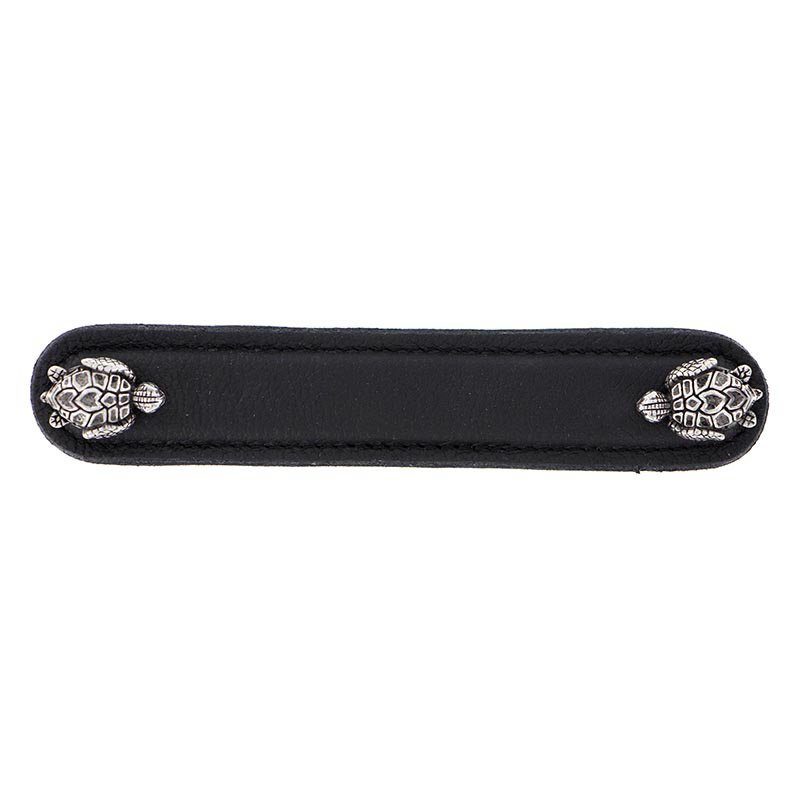 Vicenza Hardware Leather Collection 5" (128mm) Tartaruga Pull in Black Leather in Antique Silver