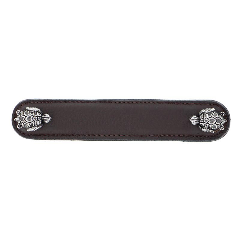 Vicenza Hardware Leather Collection 5" (128mm) Tartaruga Pull in Brown Leather in Antique Silver
