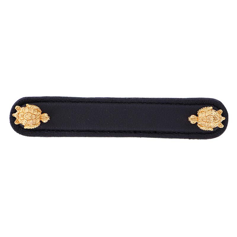 Vicenza Hardware Leather Collection 5" (128mm) Tartaruga Pull in Black Leather in Polished Gold