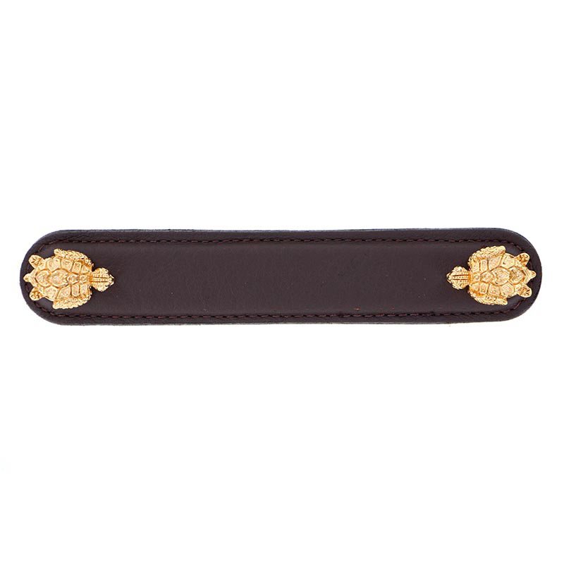Vicenza Hardware Leather Collection 5" (128mm) Tartaruga Pull in Brown Leather in Polished Gold