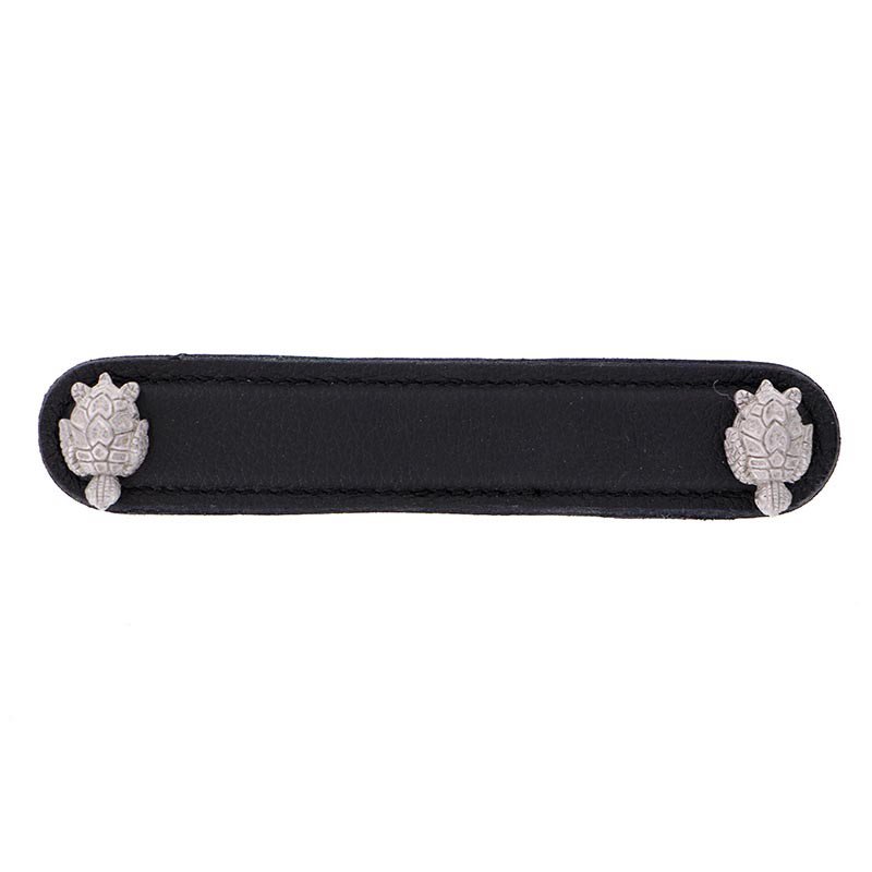 Vicenza Hardware Leather Collection 5" (128mm) Tartaruga Pull in Black Leather in Satin Nickel