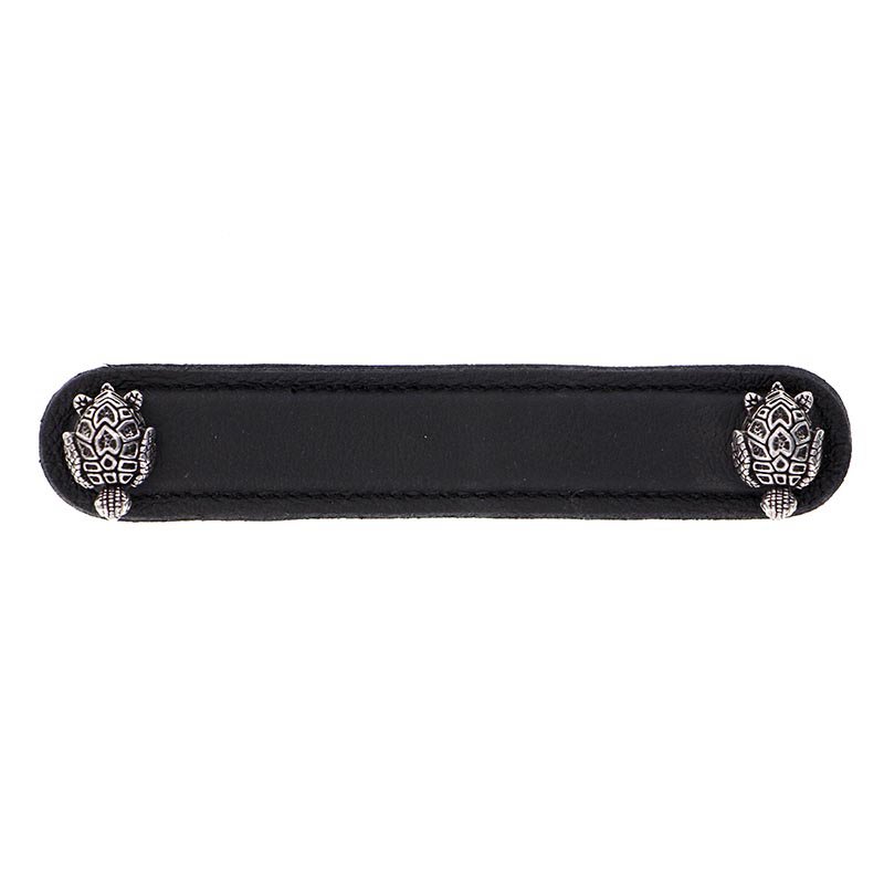 Vicenza Hardware Leather Collection 5" (128mm) Tartaruga Pull in Black Leather in Vintage Pewter