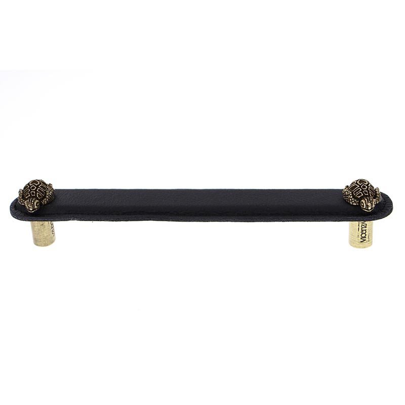 Vicenza Hardware Leather Collection 6" (152mm) Tartaruga Pull in Black Leather in Antique Brass