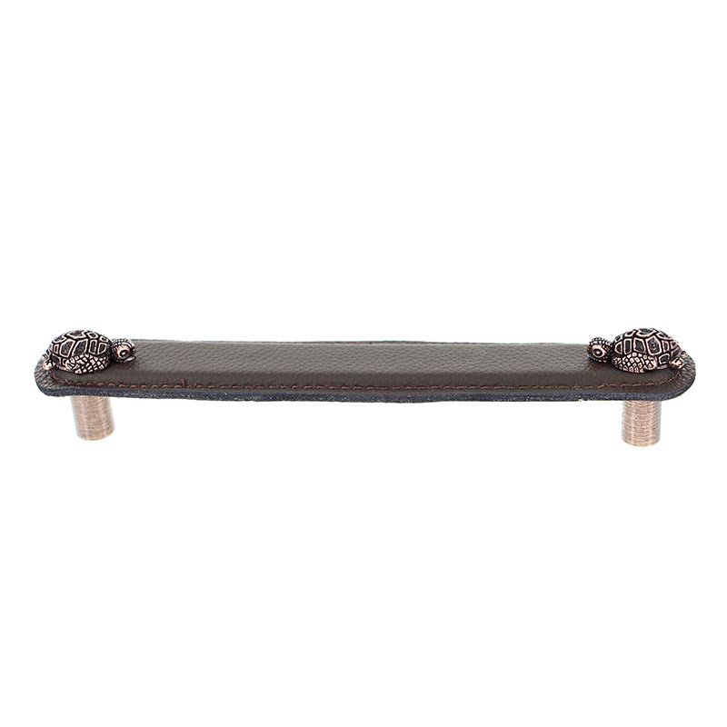 Vicenza Hardware Leather Collection 6" (152mm) Tartaruga Pull in Brown Leather in Antique Copper