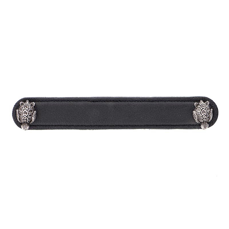Vicenza Hardware Leather Collection 6" (152mm) Tartaruga Pull in Black Leather in Antique Nickel