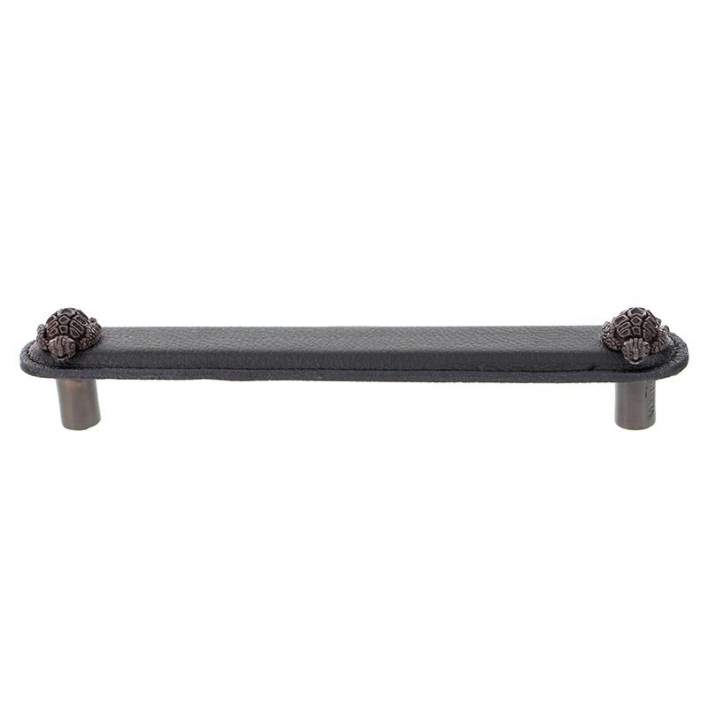 Vicenza Hardware Leather Collection 6" (152mm) Tartaruga Pull in Black Leather in Oil Rubbed Bronze
