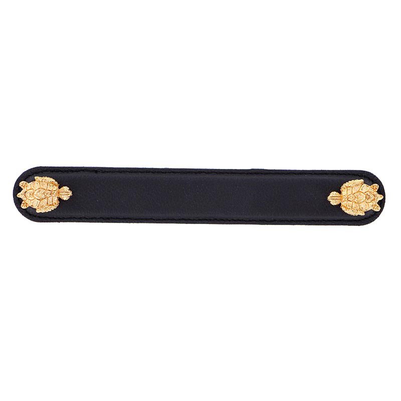 Vicenza Hardware Leather Collection 6" (152mm) Tartaruga Pull in Black Leather in Polished Gold