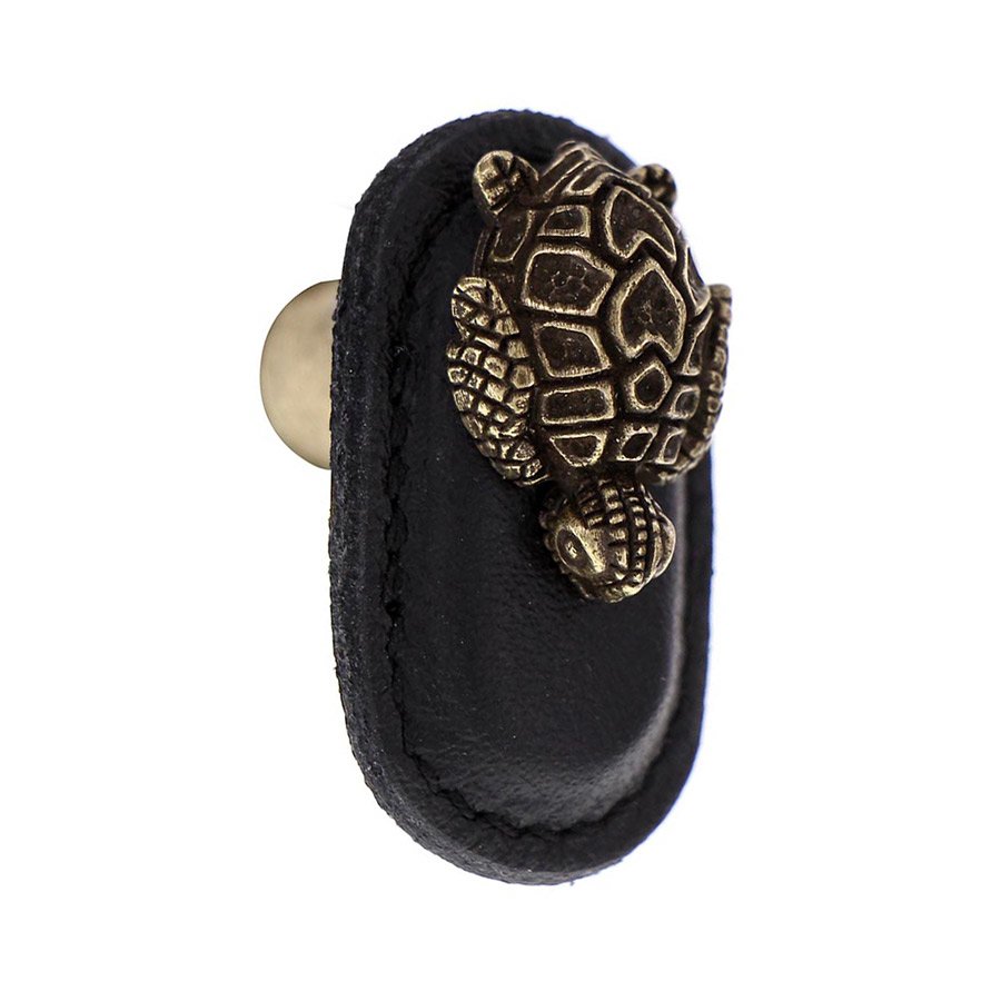 Vicenza Hardware Leather Collection Tartaruga Knob in Black Leather in Antique Brass
