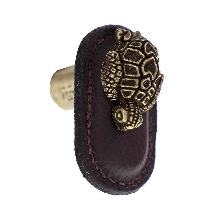 Vicenza Hardware Leather Collection Tartaruga Knob in BrownLeather in Antique Brass