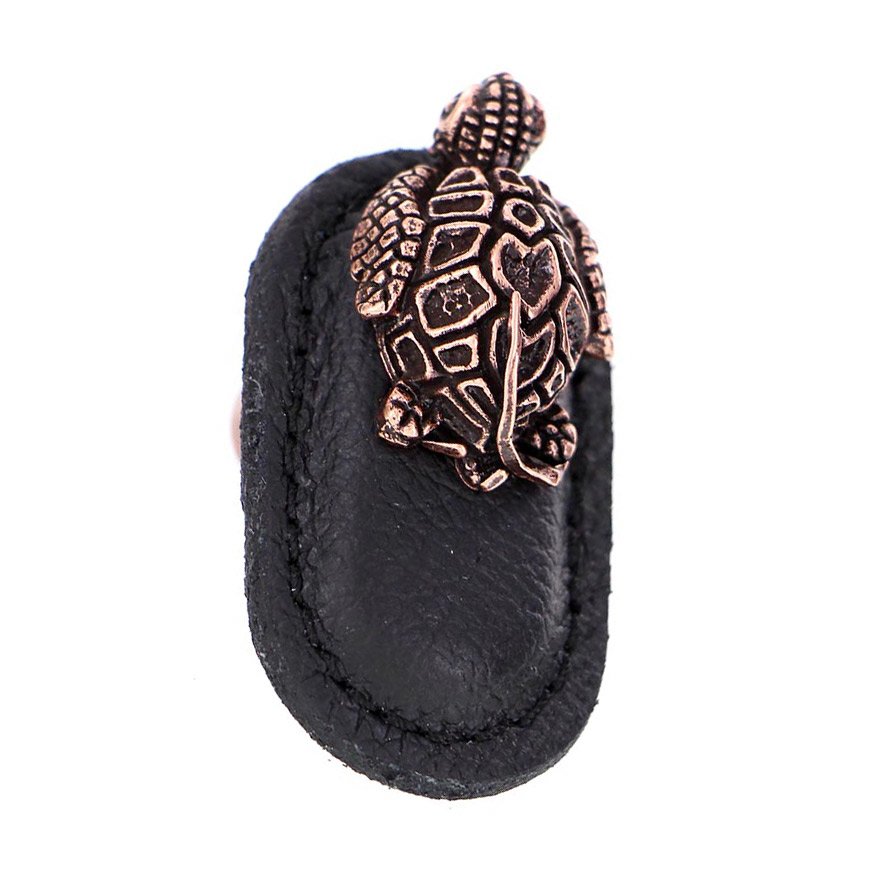 Vicenza Hardware Leather Collection Tartaruga Knob in Black Leather in Antique Copper