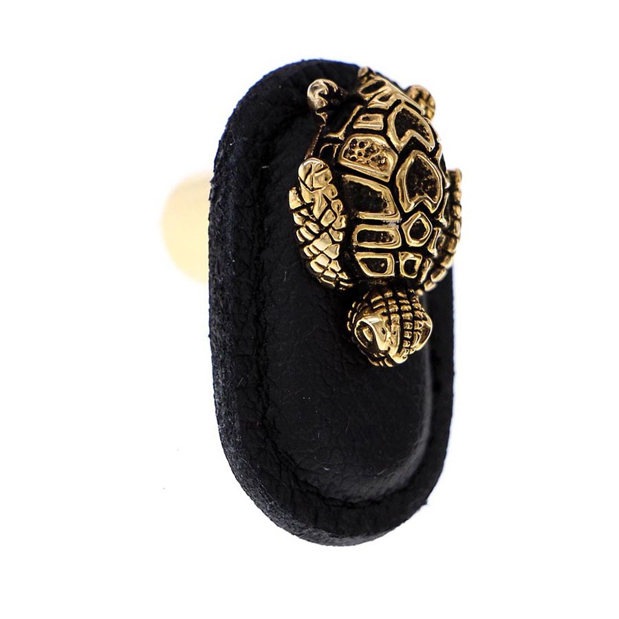 Vicenza Hardware Leather Collection Tartaruga Knob in Black Leather in Antique Gold