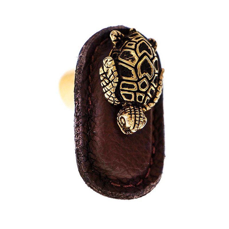 Vicenza Hardware Leather Collection Tartaruga Knob in BrownLeather in Antique Gold
