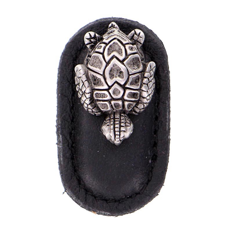 Vicenza Hardware Leather Collection Tartaruga Knob in Black Leather in Antique Nickel