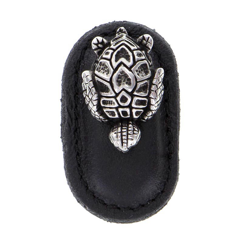 Vicenza Hardware Leather Collection Tartaruga Knob in Black Leather in Antique Silver