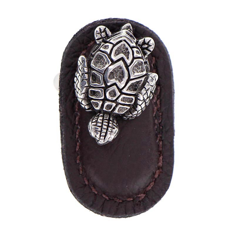 Vicenza Hardware Leather Collection Tartaruga Knob in BrownLeather in Antique Silver