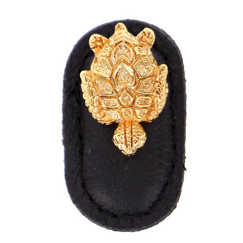 Vicenza Hardware Leather Collection Tartaruga Knob in Black Leather in Polished Gold