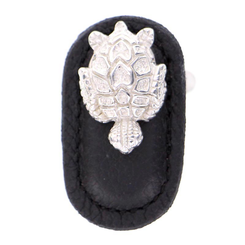 Vicenza Hardware Leather Collection Tartaruga Knob in Black Leather in Polished Silver