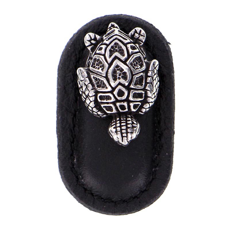 Vicenza Hardware Leather Collection Tartaruga Knob in Black Leather in Vintage Pewter