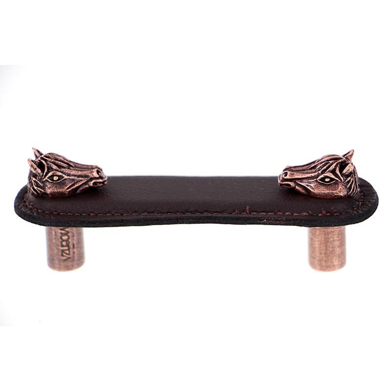 Vicenza Hardware Leather Collection 3" (76mm) Cavallo Pull in Brown Leather in Antique Copper