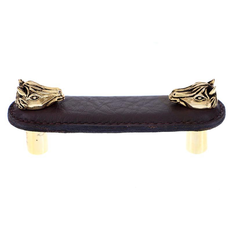 Vicenza Hardware Leather Collection 3" (76mm) Cavallo Pull in Brown Leather in Antique Gold