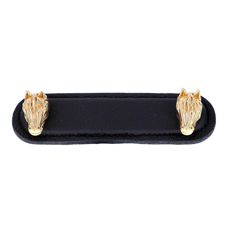 Vicenza Hardware Leather Collection 3" (76mm) Cavallo Pull in Black Leather in Polished Gold