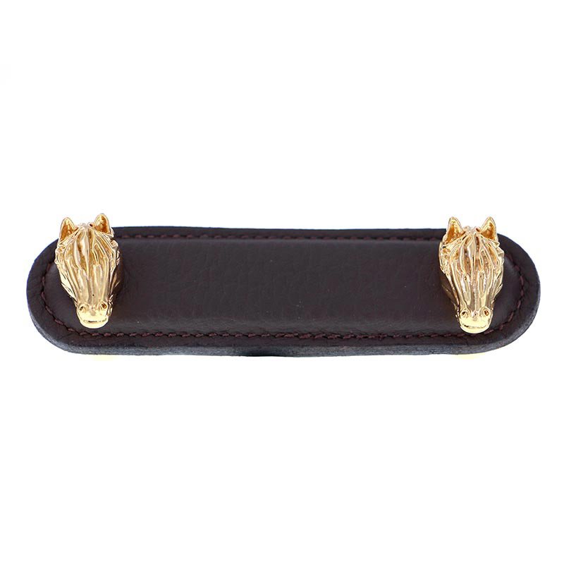 Vicenza Hardware Leather Collection 3" (76mm) Cavallo Pull in Brown Leather in Polished Gold