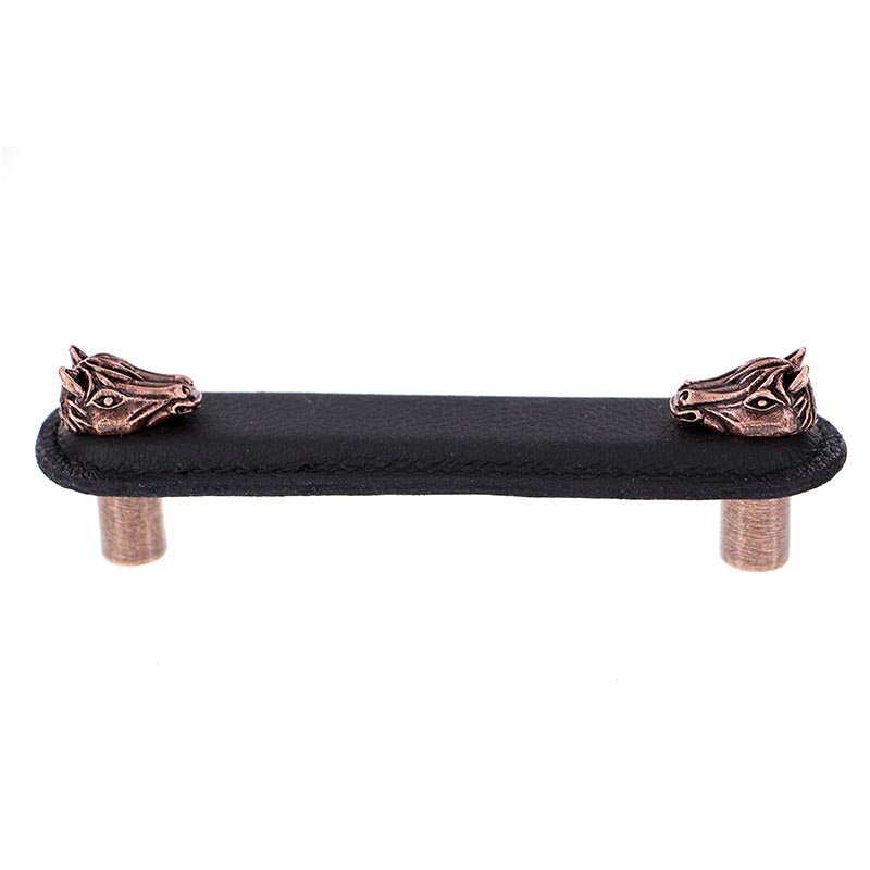 Vicenza Hardware Leather Collection 4" (102mm) Cavallo Pull in Black Leather in Antique Copper