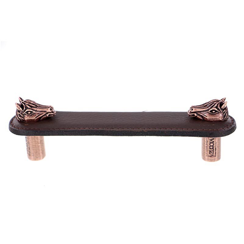 Vicenza Hardware Leather Collection 4" (102mm) Cavallo Pull in Brown Leather in Antique Copper