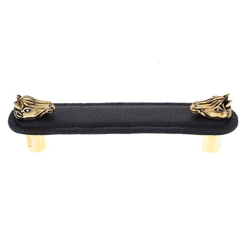 Vicenza Hardware Leather Collection 4" (102mm) Cavallo Pull in Black Leather in Antique Gold