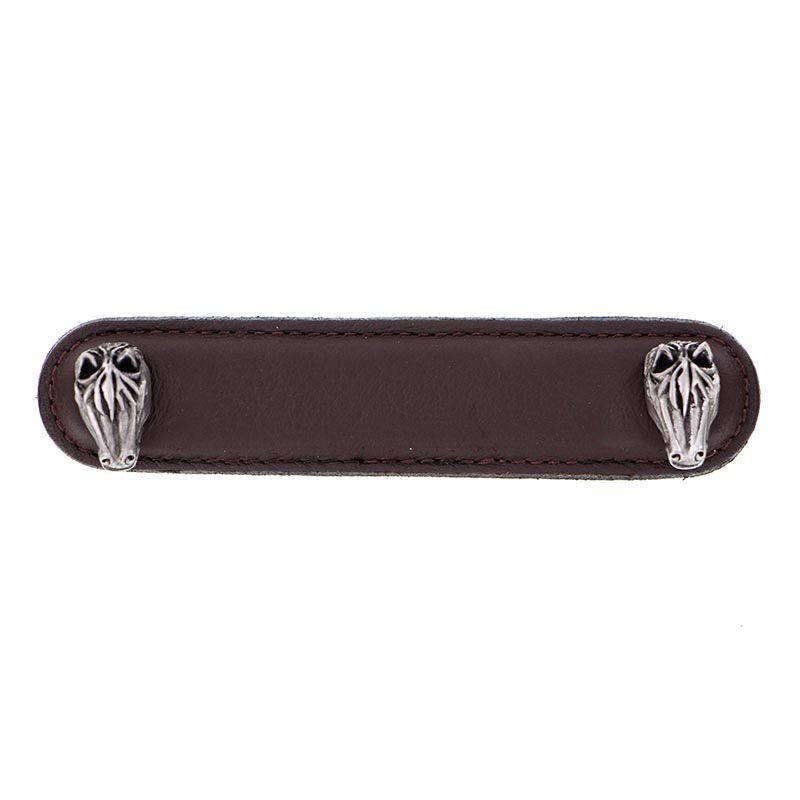 Vicenza Hardware Leather Collection 4" (102mm) Cavallo Pull in Brown Leather in Antique Nickel