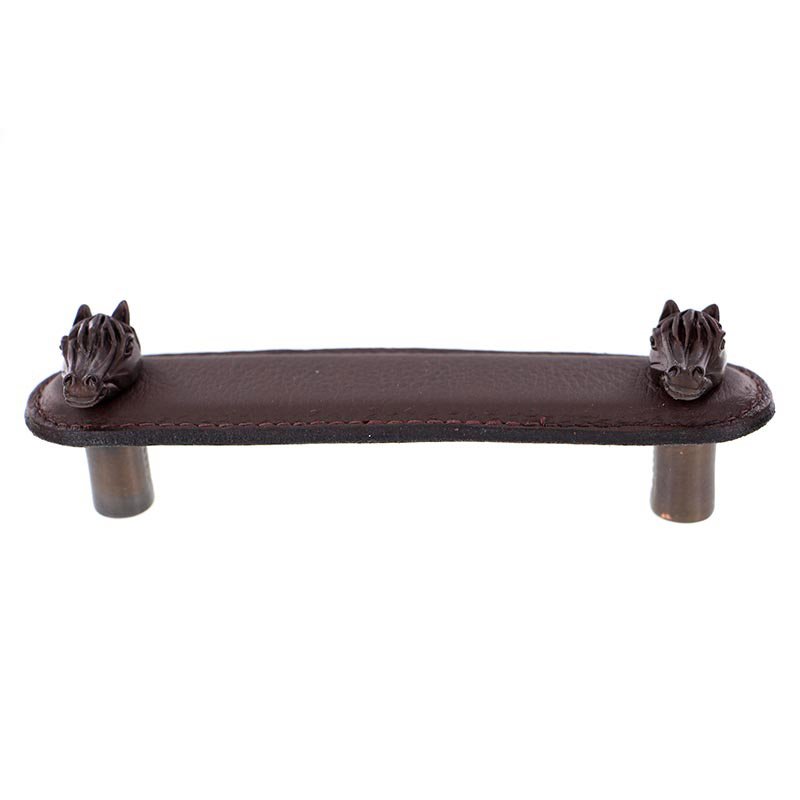 Vicenza Hardware Leather Collection 4" (102mm) Cavallo Pull in Brown Leather in Oil Rubbed Bronze