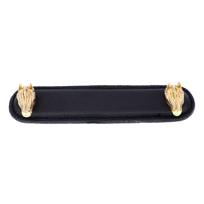 Vicenza Hardware Leather Collection 4" (102mm) Cavallo Pull in Black Leather in Polished Gold