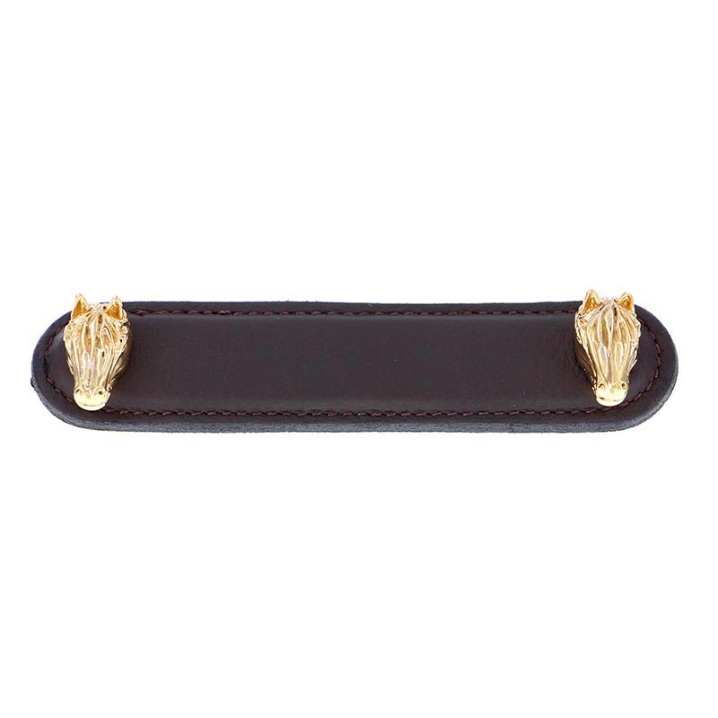 Vicenza Hardware Leather Collection 4" (102mm) Cavallo Pull in Brown Leather in Polished Gold