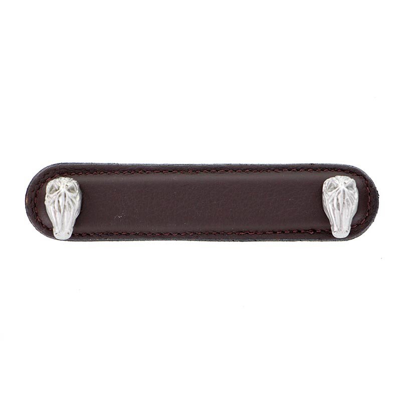 Vicenza Hardware Leather Collection 4" (102mm) Cavallo Pull in Brown Leather in Satin Nickel