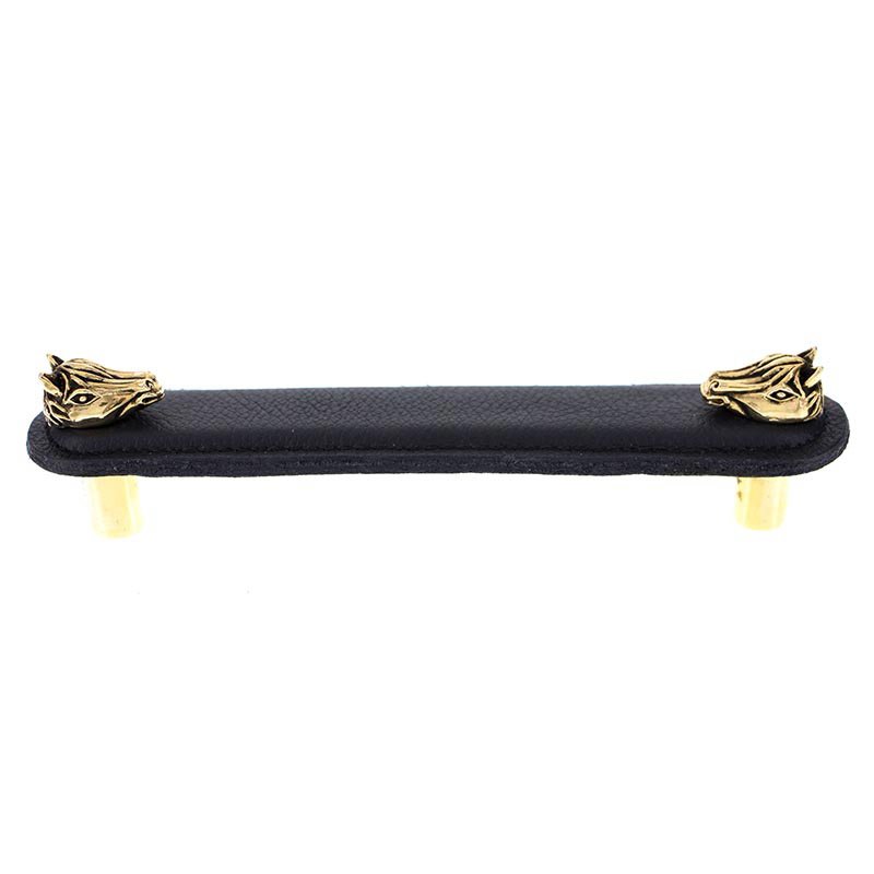 Vicenza Hardware Leather Collection 5" (128mm) Cavallo Pull in Black Leather in Antique Gold