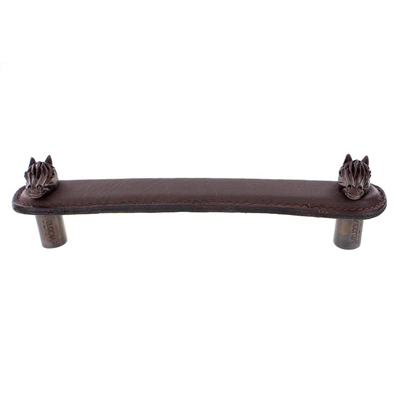 Vicenza Hardware Leather Collection 5" (128mm) Cavallo Pull in Brown Leather in Oil Rubbed Bronze