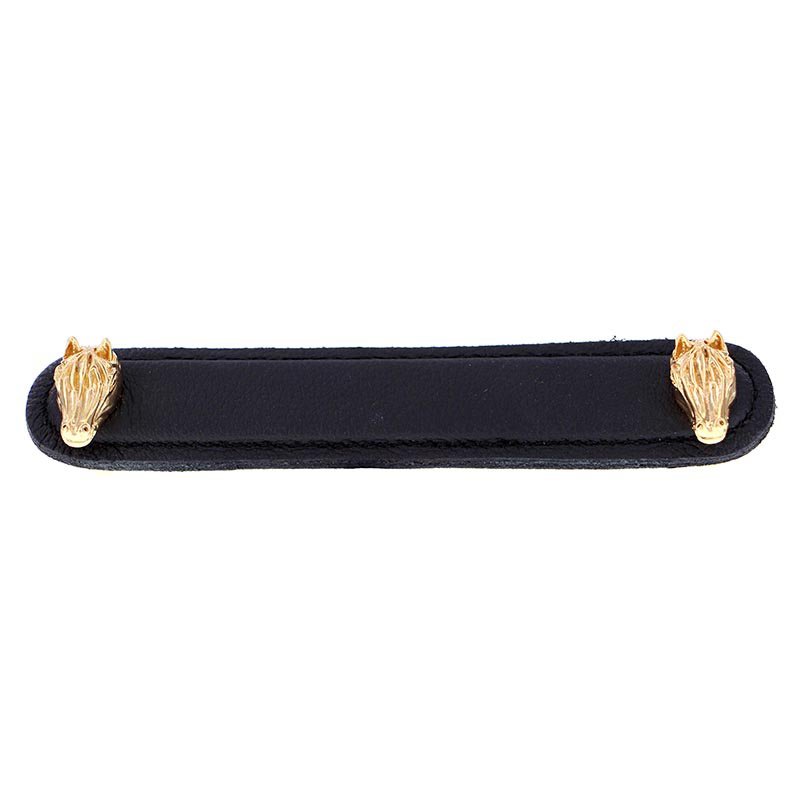 Vicenza Hardware Leather Collection 5" (128mm) Cavallo Pull in Black Leather in Polished Gold