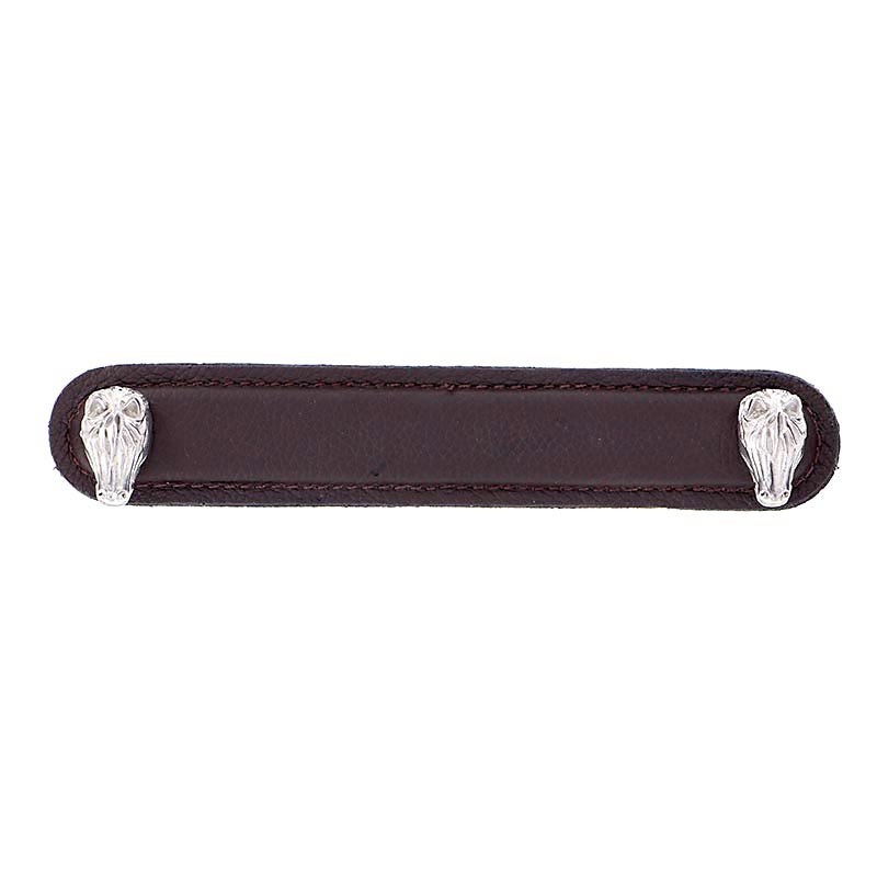Vicenza Hardware Leather Collection 5" (128mm) Cavallo Pull in Brown Leather in Polished Nickel