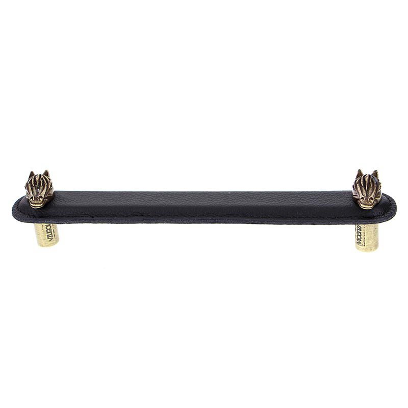 Vicenza Hardware Leather Collection 6" (152mm) Cavallo Pull in Black Leather in Antique Brass
