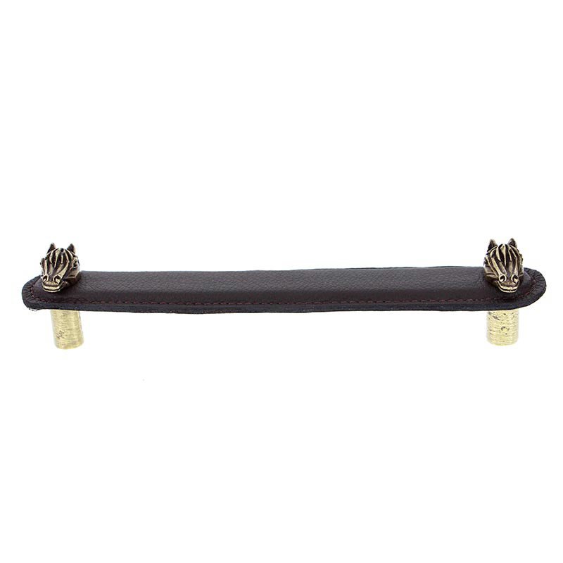 Vicenza Hardware Leather Collection 6" (152mm) Cavallo Pull in Brown Leather in Antique Brass