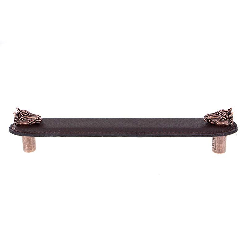 Vicenza Hardware Leather Collection 6" (152mm) Cavallo Pull in Brown Leather in Antique Copper