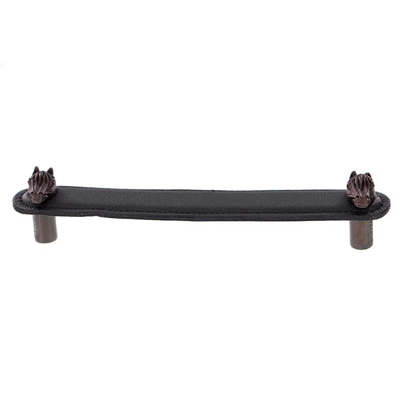 Vicenza Hardware Leather Collection 6" (152mm) Cavallo Pull in Black Leather in Oil Rubbed Bronze