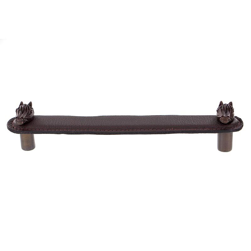 Vicenza Hardware Leather Collection 6" (152mm) Cavallo Pull in Brown Leather in Oil Rubbed Bronze