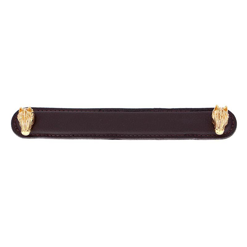 Vicenza Hardware Leather Collection 6" (152mm) Cavallo Pull in Brown Leather in Polished Gold